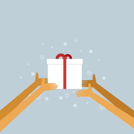 Hands exchanging gifts with snow flakes in the backgroundのイラスト素材