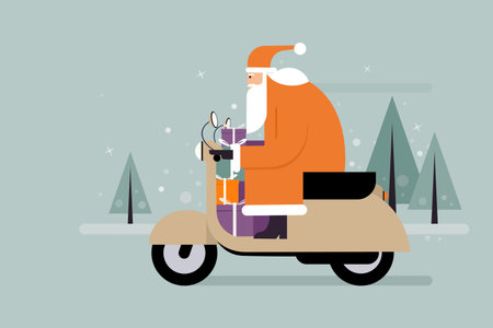 Santa Claus with gifts on a scooter in a winter backgroundのイラスト素材