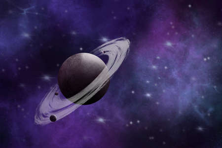 3D illustration of a ringed planet in the galactic background