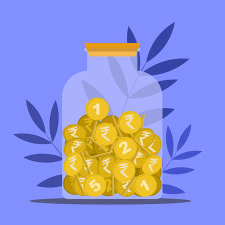 Savings of Indian rupee coins in a transparent bottle.のイラスト素材