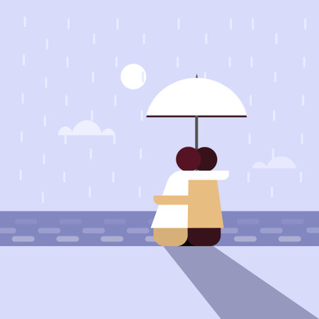 Illustration of a romancing couple sitting under an umbrella in a beachのイラスト素材