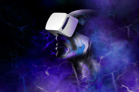 Man with a painted body wearing a VR headset immersed in the world of virtual reality