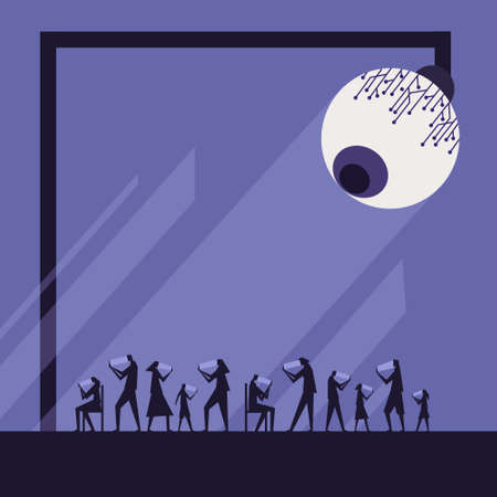 Conceptual illustration of a big eyeball snooping on the mobile transactions of peopleのイラスト素材