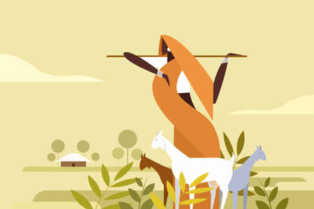 Illustration of an Indian rural woman  herding goats in the pasturesのイラスト素材