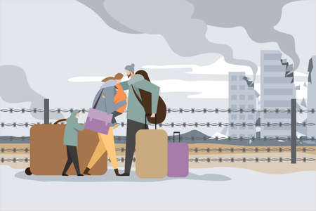 Illustration of a family with children escaped from a war torn country. Anti war conceptのイラスト素材