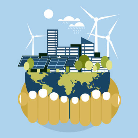 Conceptual illustration of hands holding planet earth with eco friendly modern residential buildings...