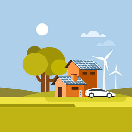 Illustration of an environment friendly modern house using renewable sources of energyのイラスト素材
