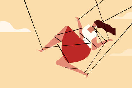 Conceptual illustration of a woman tied up with strings hanging in airのイラスト素材