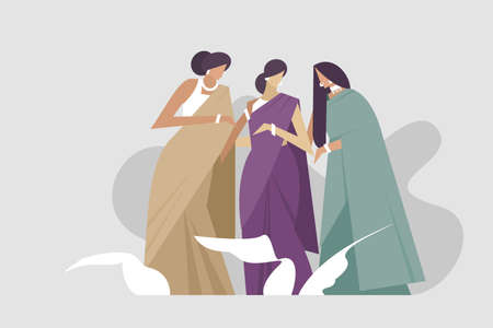 Illustration three women wearing Indian traditional dress 'Sari'.のイラスト素材