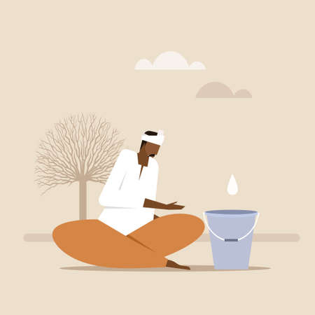Illustration of an Indian farmer waiting for rain drop in his farmlandのイラスト素材