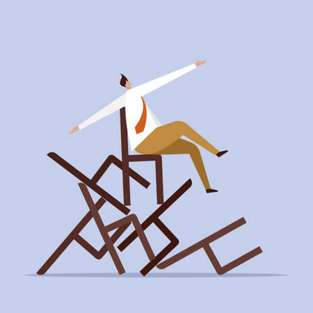 Conceptual illustration of a businessman sitting on a unstable heap of chairsのイラスト素材