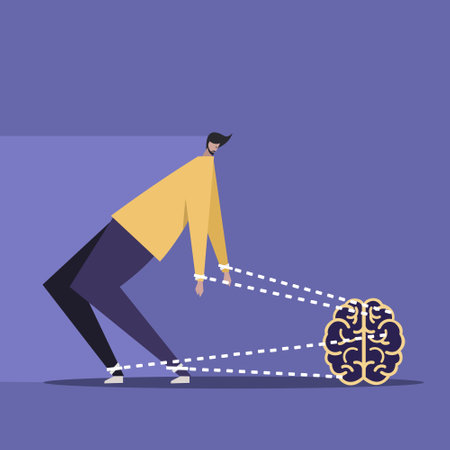 Conceptual illustration of imaginary strings of brain pulling back a man from moving ahead