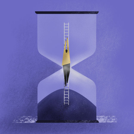 Conceptual illustration of a businessman climbing a ladder to reach the upper half of the hourglassの写真素材