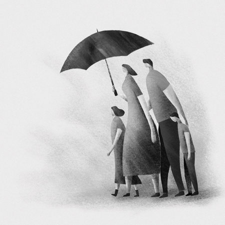 Illustration of a family walking in rain using umbrellaの写真素材