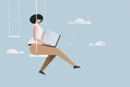 Illustration of a girl sitting on a swing and working with laptop in a cloudy skyの写真素材