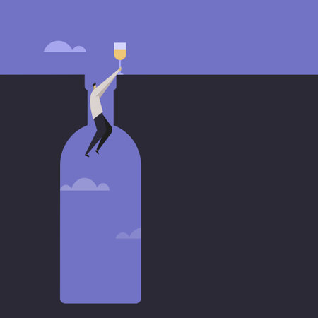 Conceptual illustration of a man hanging on the edge of a bottle shaped hole. Concept for alcohol addictionのイラスト素材