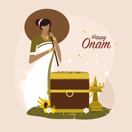 Illustration of a woman wearing traditional dress with auspicious objects. Concept of Onam festival in Keralaのイラスト素材