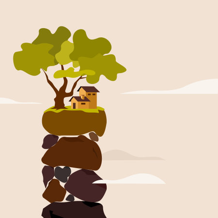 Conceptual illustration of a house on top of a rock mountainのイラスト素材