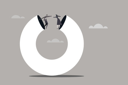 Conceptual illustration of a man and woman standing on top of a circular tubeのイラスト素材
