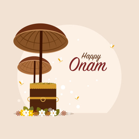 Illustration of traditional umbrella with auspicious items of Kerala. Concept of Onam festival in Keralaのイラスト素材