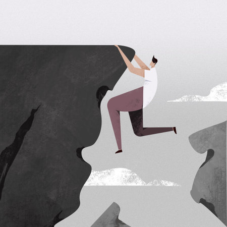 Illustration of a man hanging on a cliff edgeの写真素材