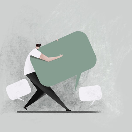 Illustration of a man carrying a speech bubble and walkingの写真素材