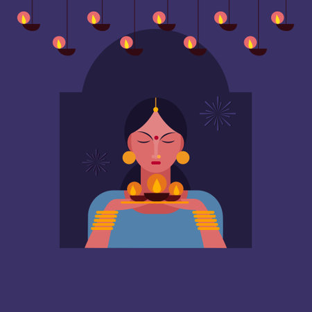 Illustration of a girl holding Diwali oil lamps in her hand.Concept for Diwali festival Indiaのイラスト素材