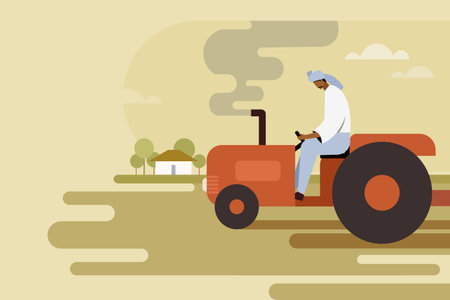 Illustration of an Indian farmer operating a tractor in the agricultural fieldのイラスト素材