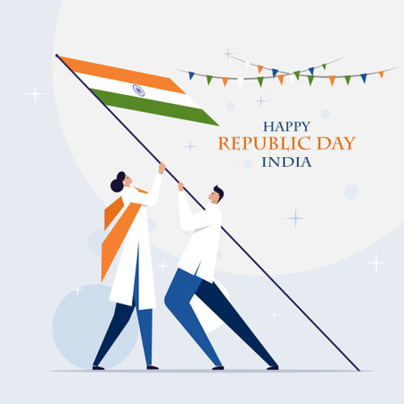 A man and woman hoisting the Indian tricolour flag. Indian Republic Day festival conceptのイラスト素材