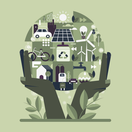 Hands holding planet earth with eco friendly green enrergy resourcesのイラスト素材