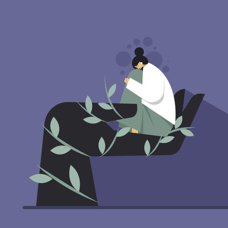 Illustration of a depressed girl sitting on a big comforting handのイラスト素材
