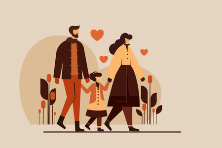 A couple and their girl child walking in a gardenのイラスト素材