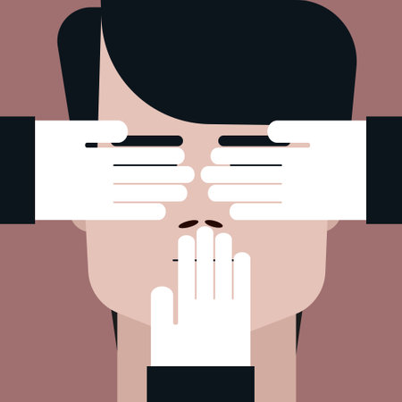 Conceptual illustration of external hands blocking the vision and speech of a personのイラスト素材