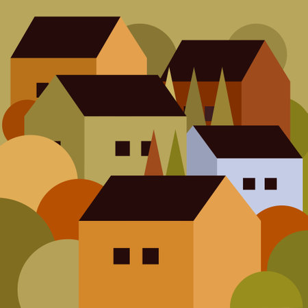 Geometric illustration of packed houses with treesのイラスト素材