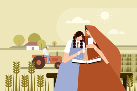 Illustration of an Indian rural woman and daughter learning with the help of a mobile phoneのイラスト素材