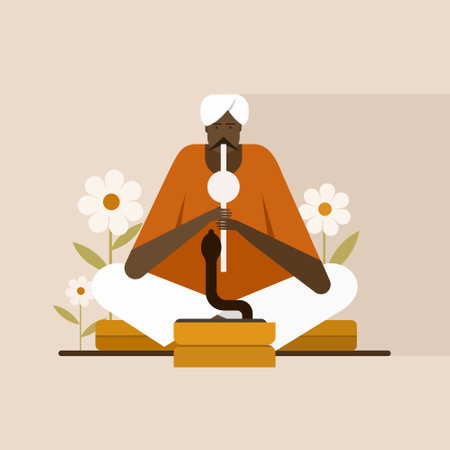 Illustration of an Indian snake charmer playing flute to a snakeのイラスト素材