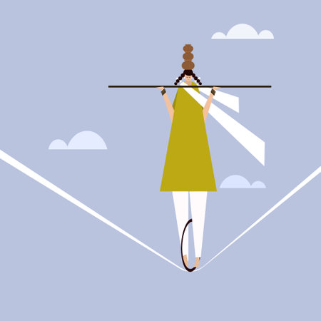 Illustration of a girl performs Indian street acrobatics by walking over a ropeのイラスト素材