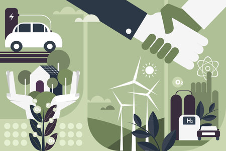 Illustration of two hands shaking in the background of non polluting eco friendly energy sourcesのイラスト素材