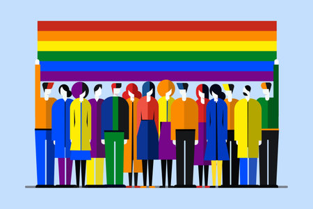 People standing together in the background of rainbow pride flag colours. Pride month celebration conceptのイラスト素材