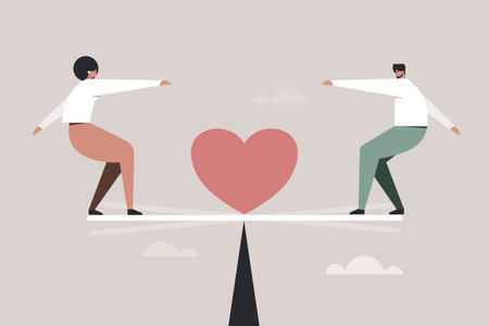 Conceptual illustration of a man and woman is getting balanced when love is placed in-between themのイラスト素材
