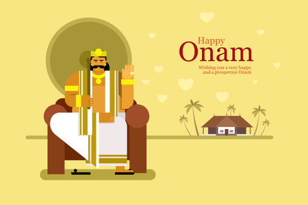 Illustration of King Mahabali in traditional dress gives blessing and love.Concept of Onam festival of Keralaのイラスト素材
