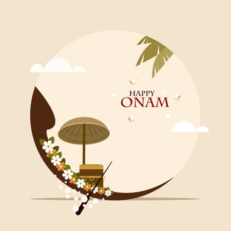Illustration of traditional boat and umbrella with auspicious items of Kerala. Concept of Onam festival in Keralaのイラスト素材