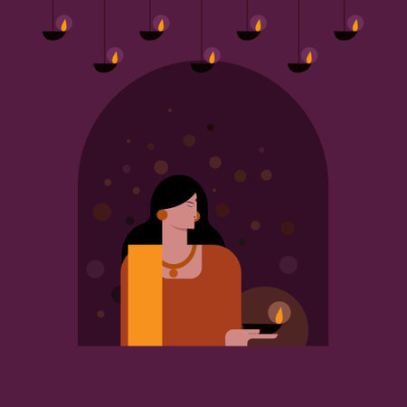 Young woman wearing traditional dress holding Diwali festival lamps in her handのイラスト素材