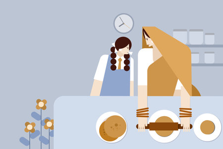 Illustration of a mother making Indian food 'Roti' along with her daughterのイラスト素材