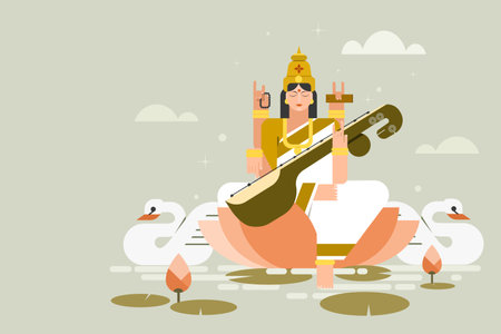 Illustration of Indian goddess 'Saraswati' sitting on lotusのイラスト素材
