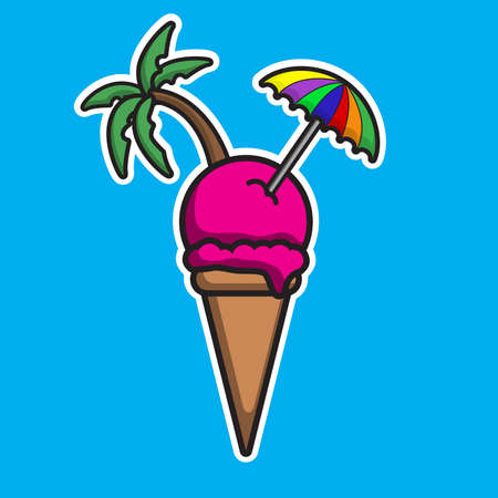 illustration of ice cream with a beach umbrella and coconut trees on it, this illustration good for mascot, sticker or icon.のイラスト素材