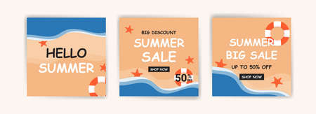 First day of summer. Hello summer. Summer sale. Banners vector for social media ads, web ads, business messages, discount flyers and big sale banner.のイラスト素材