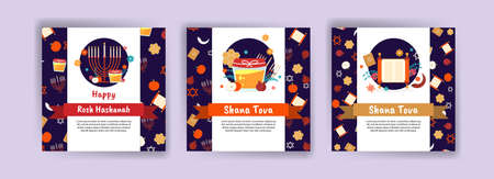 Happy rosh hashanah. Shana tova. Vector banners for social media posts, postcards, greeting cards, and posters.のイラスト素材