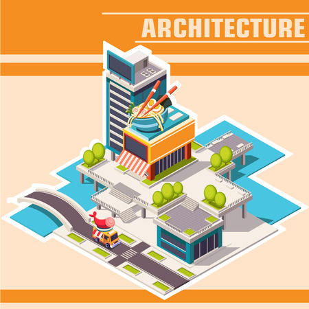 Vector Isometric low poly town street with buildings, stores and cafe on the riverのイラスト素材