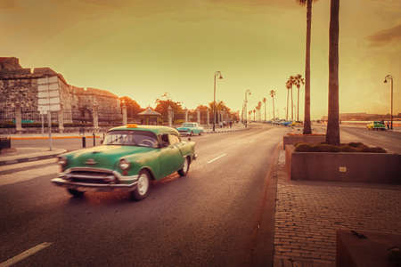 Vintage car on the street of Havana, Cuba. Copy space for textの写真素材